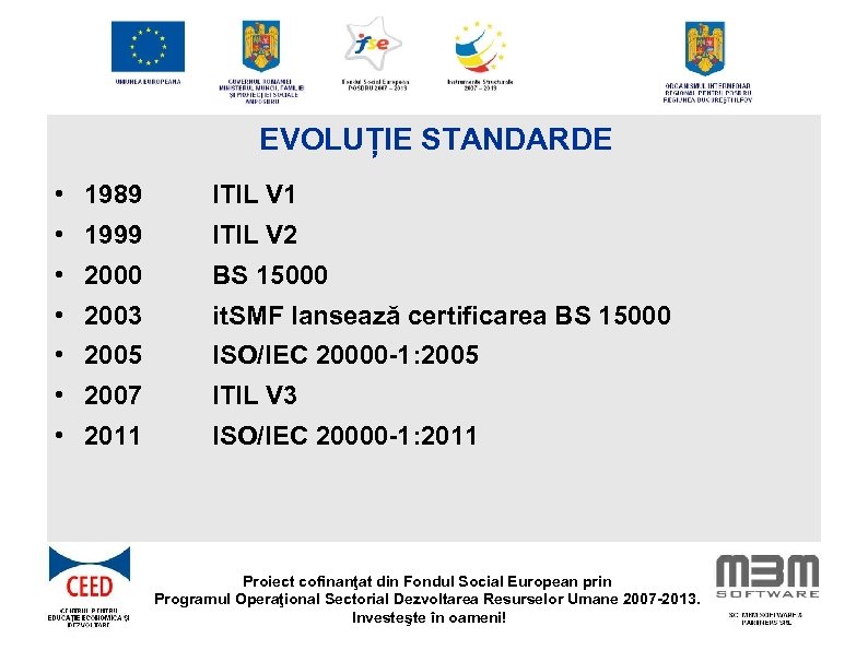 EVOLUȚIE STANDARDE • 1989 ITIL V 1 • 1999 ITIL V 2 • 2000