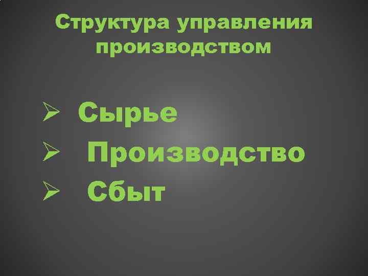 Структура управления производством Ø Сырье Ø Производство Ø Сбыт 