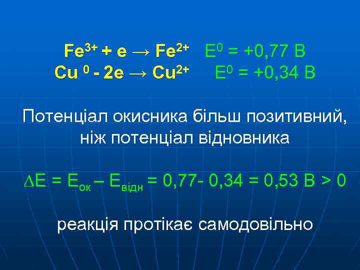 Fe 3+ + е → Fe 2+ Е 0 = +0, 77 В Cu