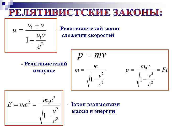 - Релятивистский закон сложения скоростей - Релятивистский импульс - Закон взаимосвязи массы и энергии