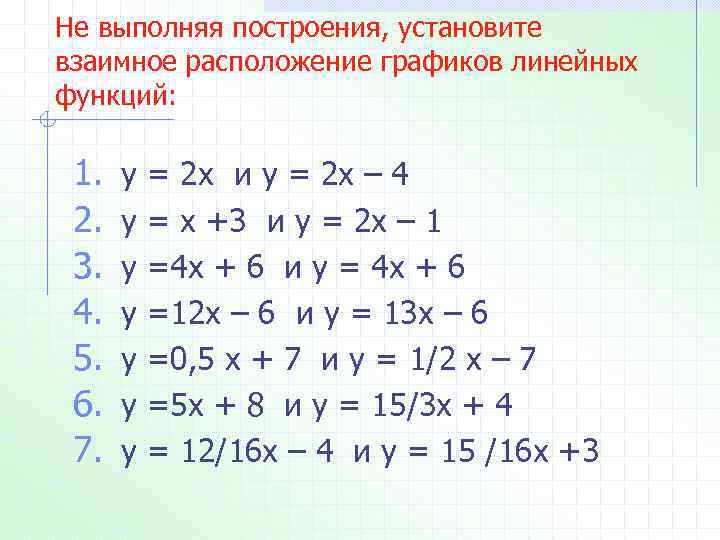 Не выполняя построения, установите взаимное расположение графиков линейных функций: 1. 2. 3. 4. 5.
