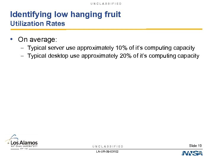 UNCLASSIFIED Identifying low hanging fruit Utilization Rates • On average: – Typical server use