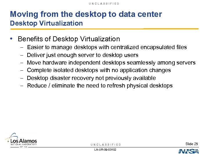 UNCLASSIFIED Moving from the desktop to data center Desktop Virtualization • Benefits of Desktop