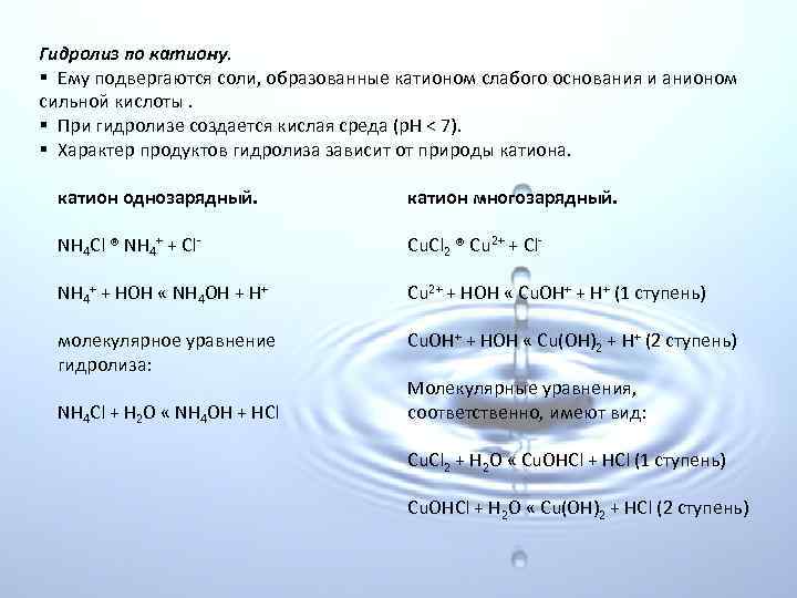 Гидролиз по катиону. § Ему подвергаются соли, образованные катионом слабого основания и анионом сильной