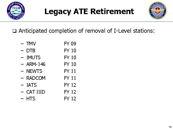 Legacy ATE Retirement q Anticipated completion of removal of I-Level stations: – – –