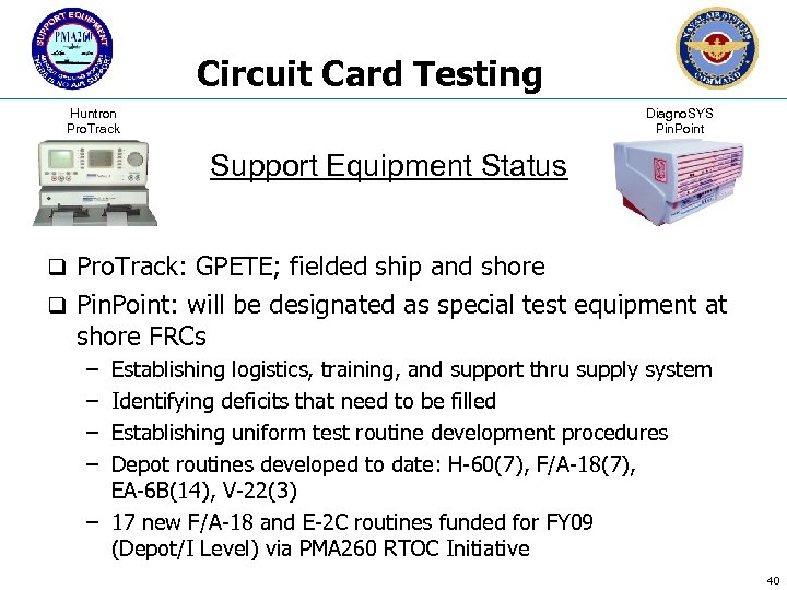 Circuit Card Testing Huntron Pro. Track Diagno. SYS Pin. Point Support Equipment Status q