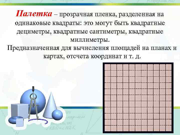 Палетка – прозрачная пленка, разделенная на одинаковые квадраты: это могут быть квадратные дециметры, квадратные