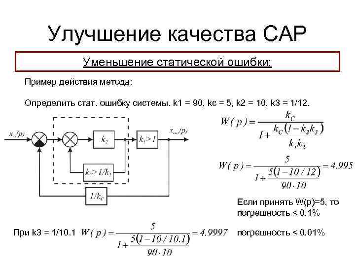 Улучшение качества САР Уменьшение статической ошибки: Пример действия метода: Определить стат. ошибку системы. k