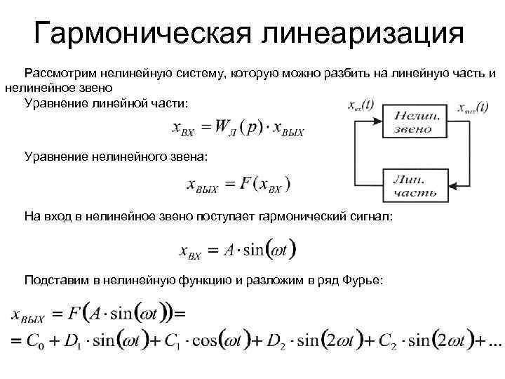 Гармоническая линеаризация Рассмотрим нелинейную систему, которую можно разбить на линейную часть и нелинейное звено