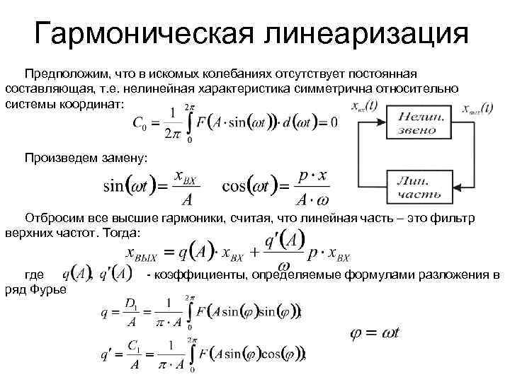 Гармоническая линеаризация Предположим, что в искомых колебаниях отсутствует постоянная составляющая, т. е. нелинейная характеристика