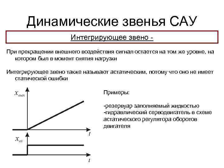 Динамические звенья САУ Интегрирующее звено При прекращении внешнего воздействия сигнал остается на том же