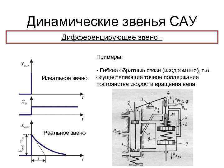 Динамические звенья САУ Дифференцирующее звено Примеры: Идеальное звено Реальное звено - Гибкие обратные связи