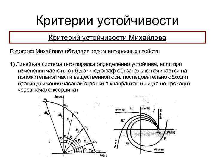 Критерии устойчивости Критерий устойчивости Михайлова Годограф Михайлова обладает рядом интересных свойств: 1) Линейная система