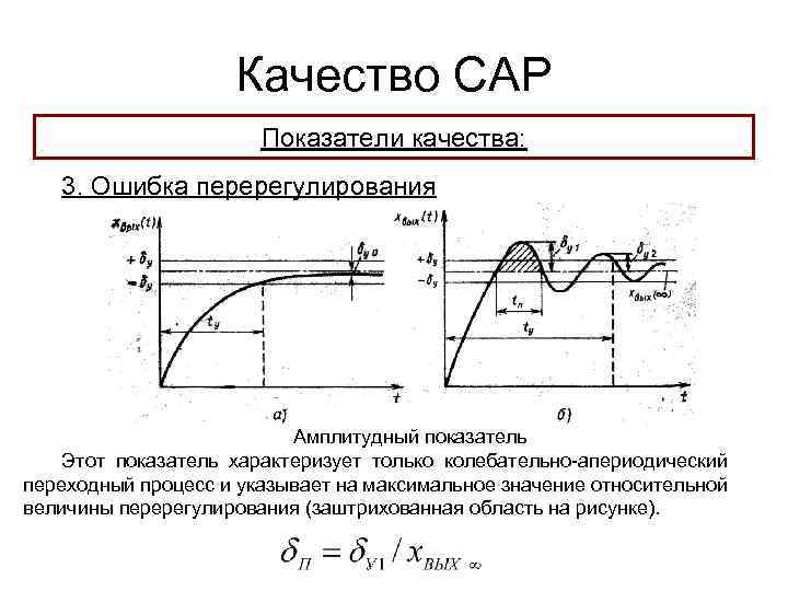 Качество САР Показатели качества: 3. Ошибка перерегулирования Амплитудный показатель Этот показатель характеризует только колебательно-апериодический