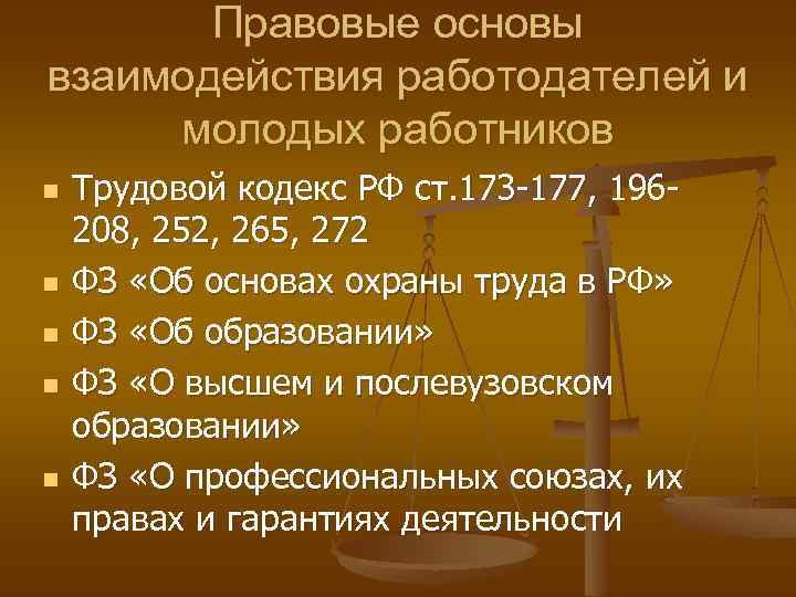 Правовые основы взаимодействия работодателей и молодых работников n n n Трудовой кодекс РФ ст.