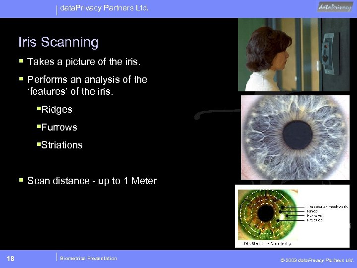 data. Privacy Partners Ltd. Iris Scanning § Takes a picture of the iris. §