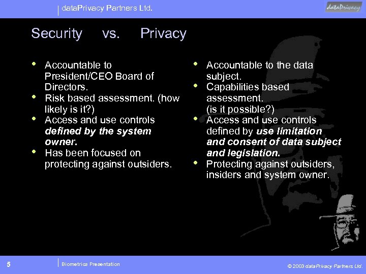 data. Privacy Partners Ltd. Security • • 5 vs. Privacy Accountable to President/CEO Board