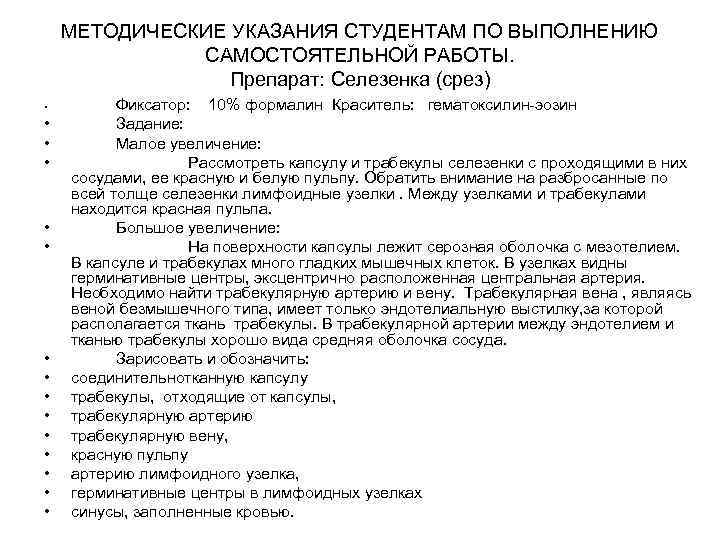 МЕТОДИЧЕСКИЕ УКАЗАНИЯ СТУДЕНТАМ ПО ВЫПОЛНЕНИЮ САМОСТОЯТЕЛЬНОЙ РАБОТЫ. Препарат: Селезенка (срез) • • • •