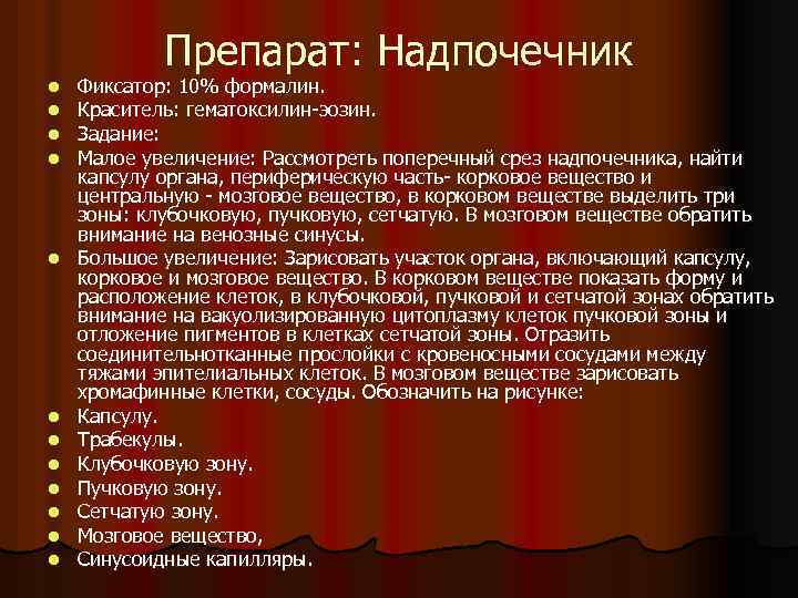 Препарат: Надпочечник l l l Фиксатор: 10% формалин. Краситель: гематоксилин эозин. Задание: Малое увеличение: