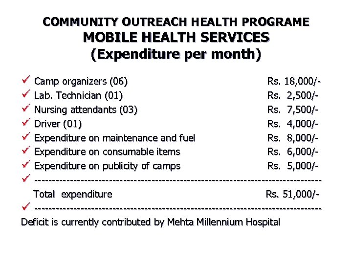 COMMUNITY OUTREACH HEALTH PROGRAME MOBILE HEALTH SERVICES (Expenditure per month) ü Camp organizers (06)