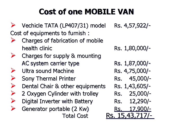 Cost of one MOBILE VAN Ø Vechicle TATA (LP 407/31) model Rs. 4, 57,