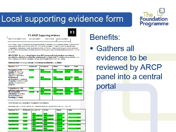 Local supporting evidence form Benefits: § Gathers all evidence to be reviewed by ARCP