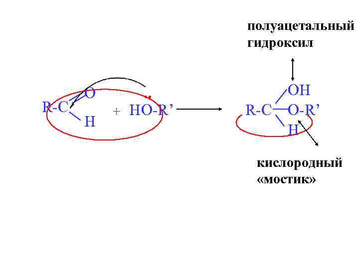 полуацетальный гидроксил R-C O H . . + HO-R’ OH R-C O-R’ H кислородный