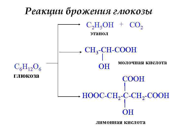 Реакции брожения глюкозы C 2 H 5 OH + CO 2 этанол CH 3