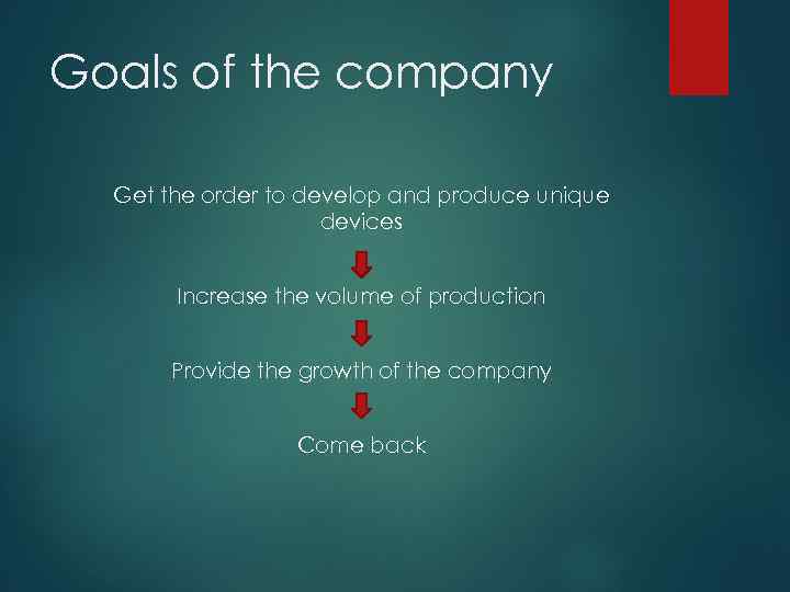 Goals of the company Get the order to develop and produce unique devices Increase