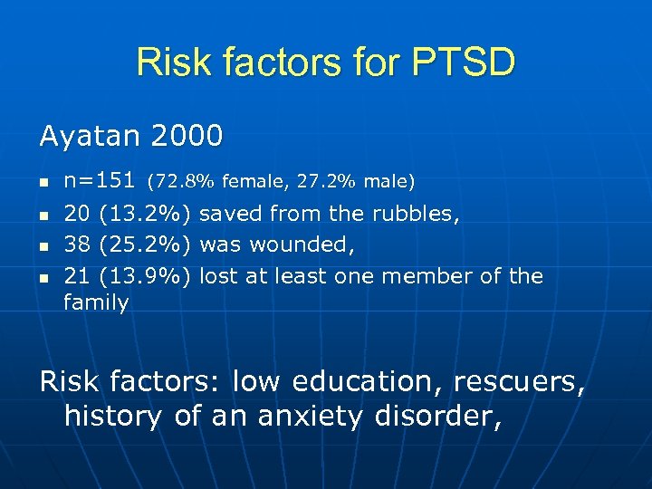Risk factors for PTSD Ayatan 2000 n n n=151 (72. 8% female, 27. 2%
