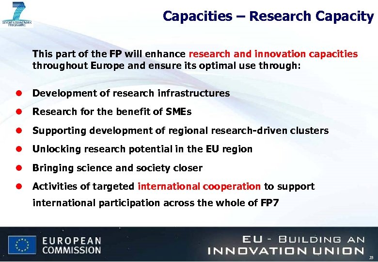 Capacities – Research Capacity This part of the FP will enhance research and innovation