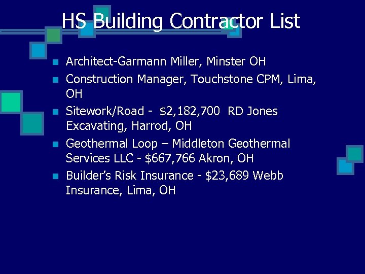 HS Building Contractor List n n n Architect-Garmann Miller, Minster OH Construction Manager, Touchstone
