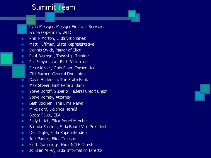 Summit Team n n n n n n Lynn Metzger, Metzger Financial Services Bruce