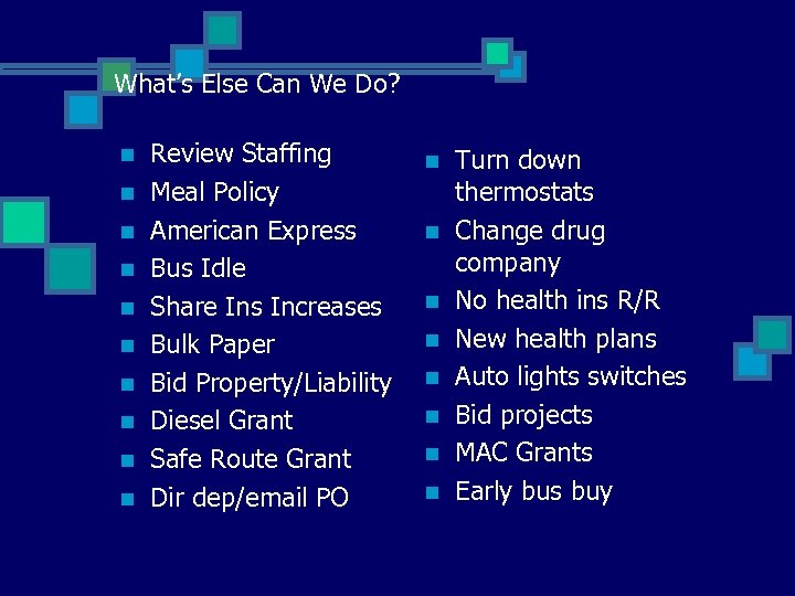What’s Else Can We Do? n n n n n Review Staffing Meal Policy