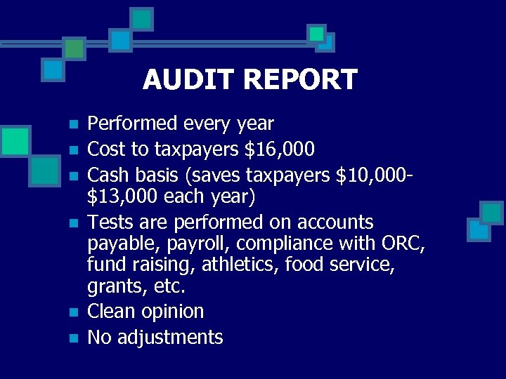 AUDIT REPORT n n n Performed every year Cost to taxpayers $16, 000 Cash