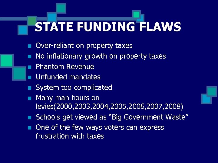 STATE FUNDING FLAWS n n n n Over-reliant on property taxes No inflationary growth