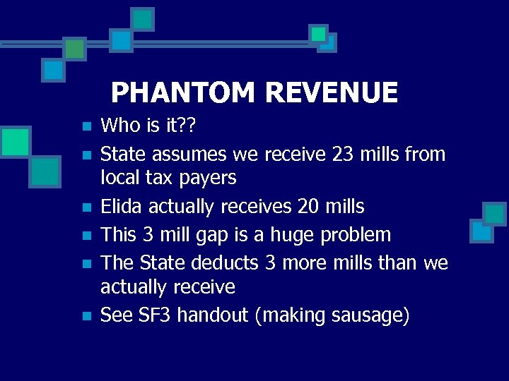 PHANTOM REVENUE n n n Who is it? ? State assumes we receive 23