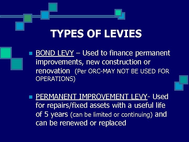TYPES OF LEVIES n BOND LEVY – Used to finance permanent improvements, new construction