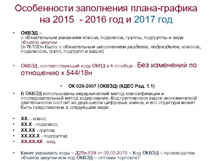 Особенности заполнения плана-графика на 2015 - 2016 год и 2017 год • ОКВЭД –