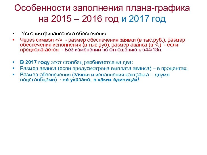 Особенности заполнения плана-графика на 2015 – 2016 год и 2017 год • • Условия