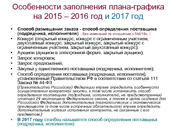 Особенности заполнения плана-графика на 2015 – 2016 год и 2017 год • • Способ