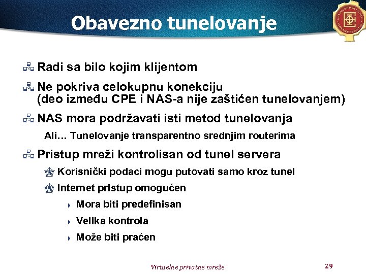 Obavezno tunelovanje Radi sa bilo kojim klijentom Ne pokriva celokupnu konekciju (deo između CPE
