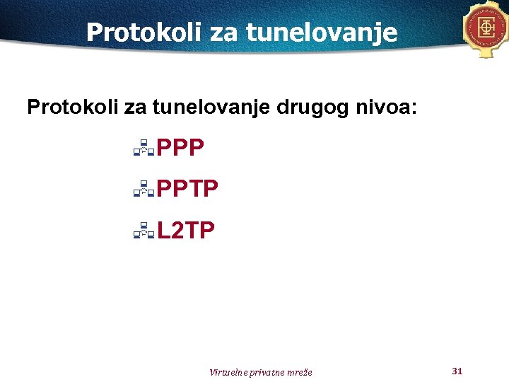 Protokoli za tunelovanje drugog nivoa: PPP PPTP L 2 TP Virtuelne privatne mreže 31