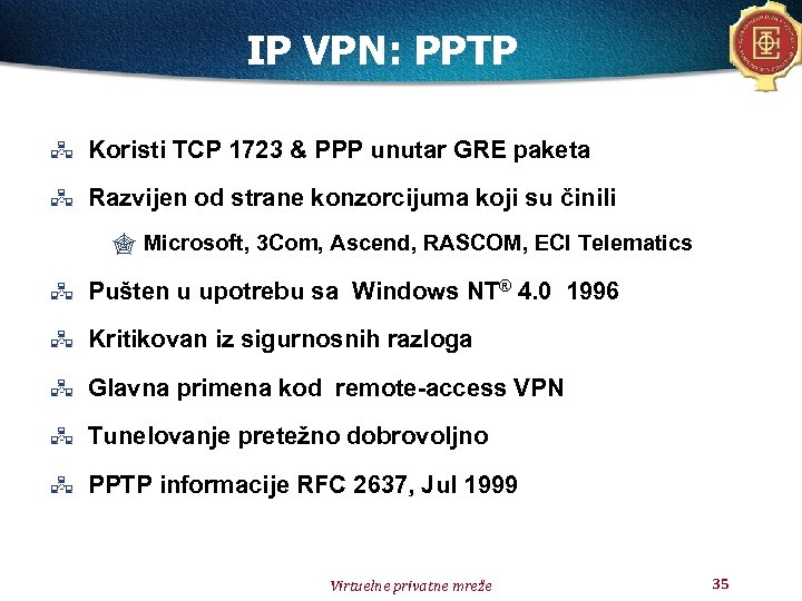 IP VPN: PPTP Koristi TCP 1723 & PPP unutar GRE paketa Razvijen od strane