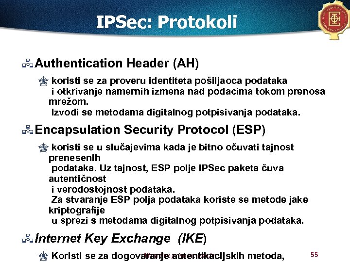 IPSec: Protokoli Authentication Header (AH) " koristi se za proveru identiteta pošiljaoca podataka i