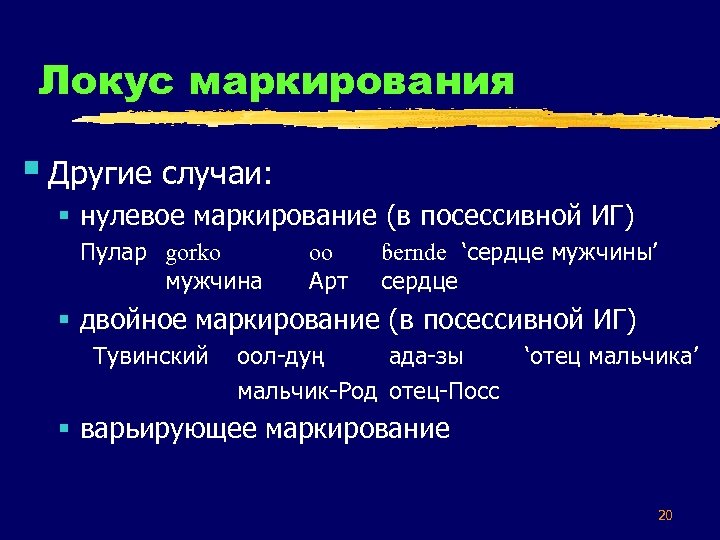 Локус маркирования § Другие случаи: § нулевое маркирование (в посессивной ИГ) Пулар gorko мужчина