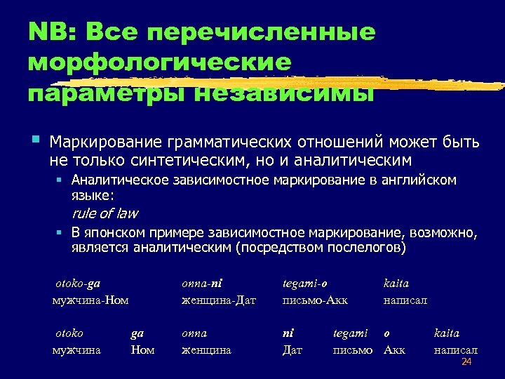 NB: Все перечисленные морфологические параметры независимы § Маркирование грамматических отношений может быть не только