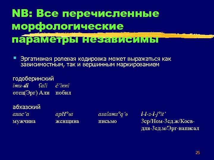 NB: Все перечисленные морфологические параметры независимы § Эргативная ролевая кодировка может выражаться как зависимостным,