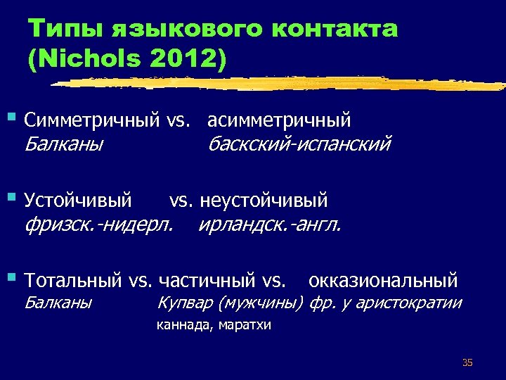Типы языкового контакта (Nichols 2012) § Симметричный vs. Балканы § Устойчивый асимметричный баскский-испанский vs.