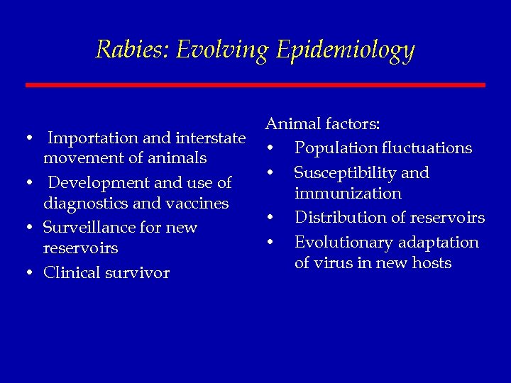 Rabies: Evolving Epidemiology • Importation and interstate movement of animals • Development and use